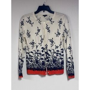 Talbots Womens Floral Cardigan Sweater Navy Blue White Orange Button Front Small